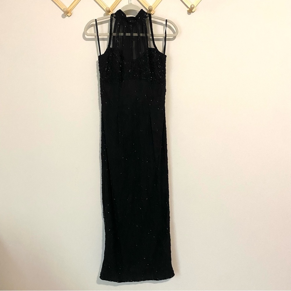 Laurence Kazar Vintage Black Silk Fully Beaded Maxi Dress size Small